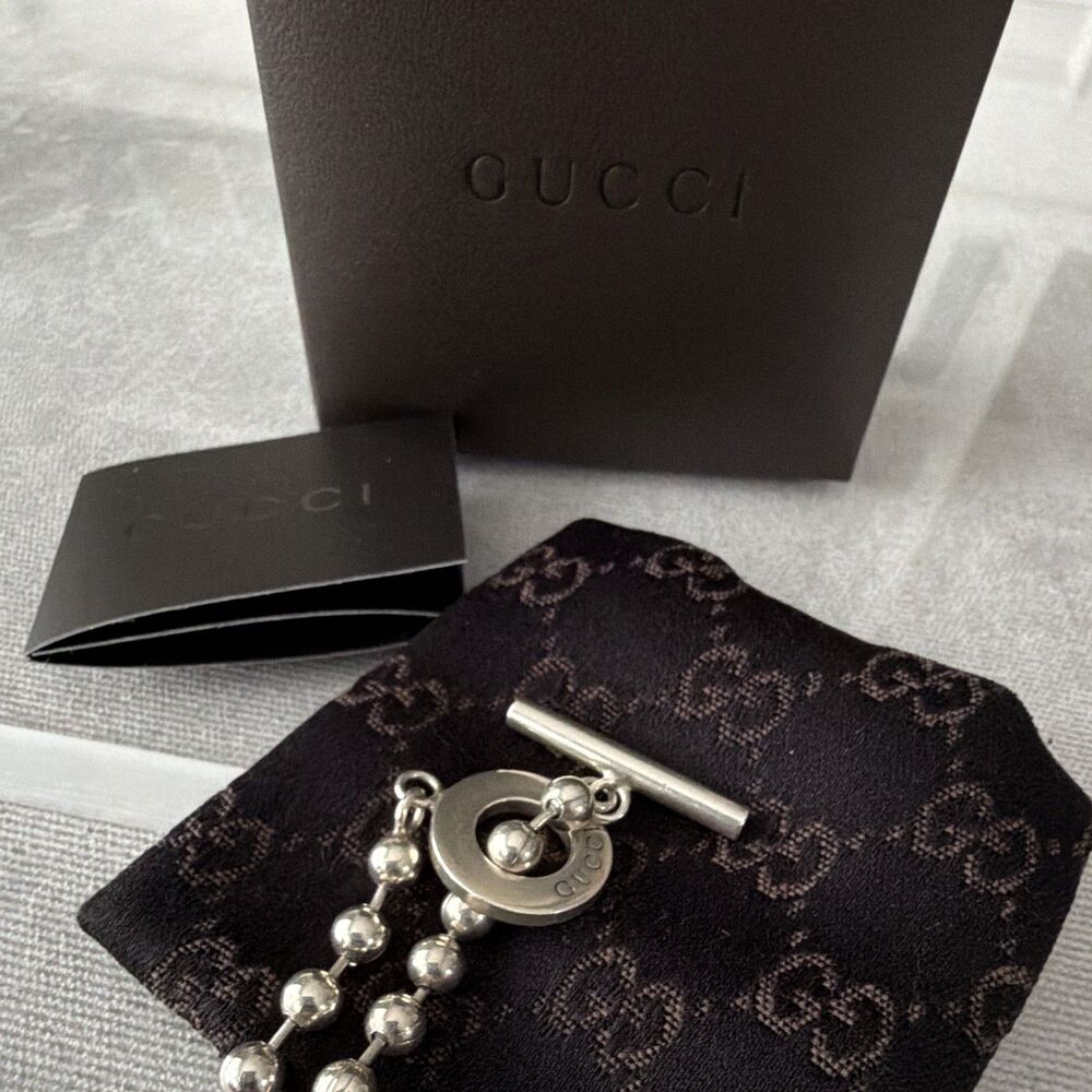 Vintage Gucci Sterling Silver 925 Ball Chain Toggle Bracelet Box Dust Bag 7.5”